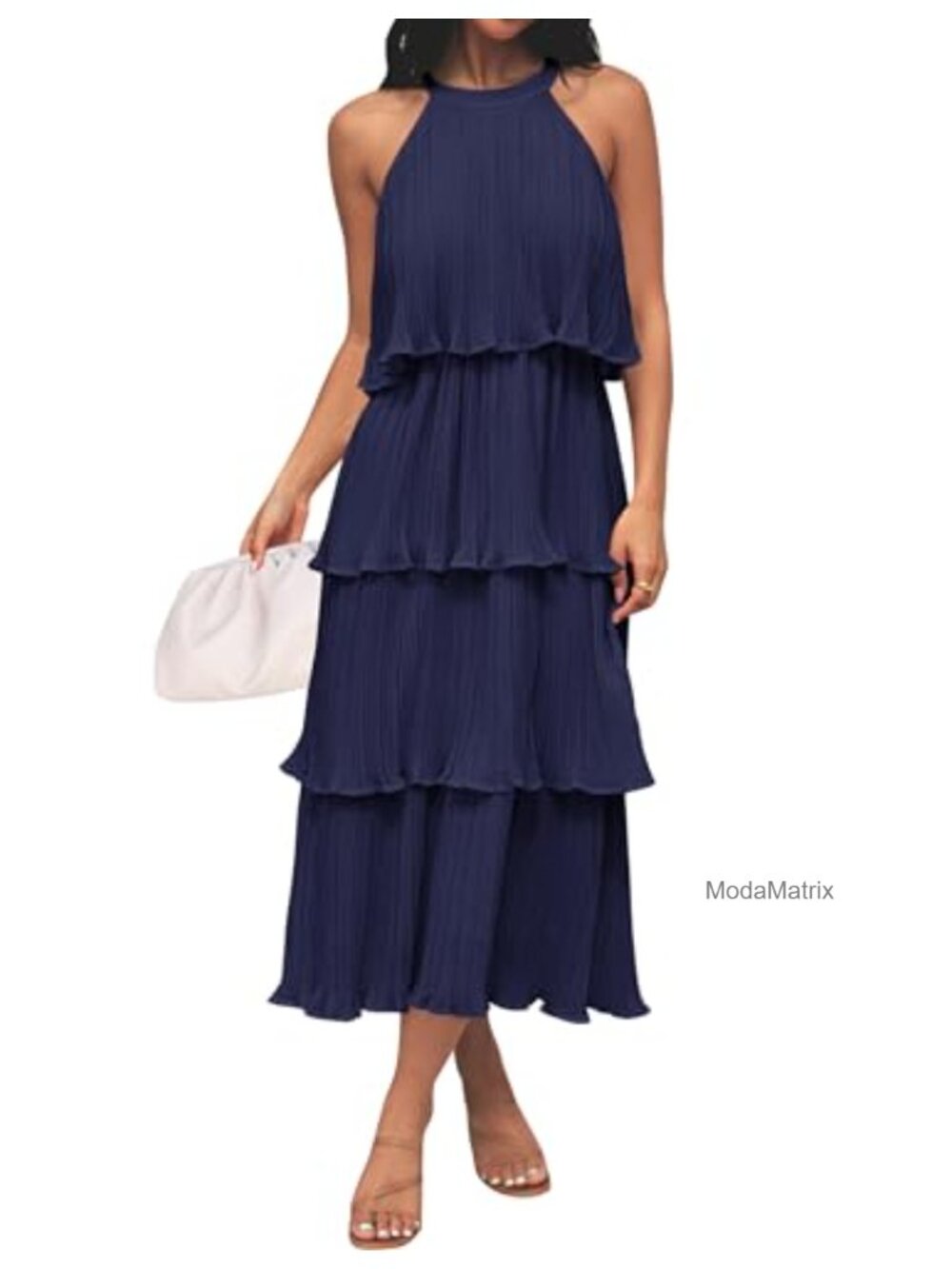 Chiffon Halter Ruffle Midi Dress Sleeveless Back Tie Tiered Formal Wedding Guest - Picture 1 of 6